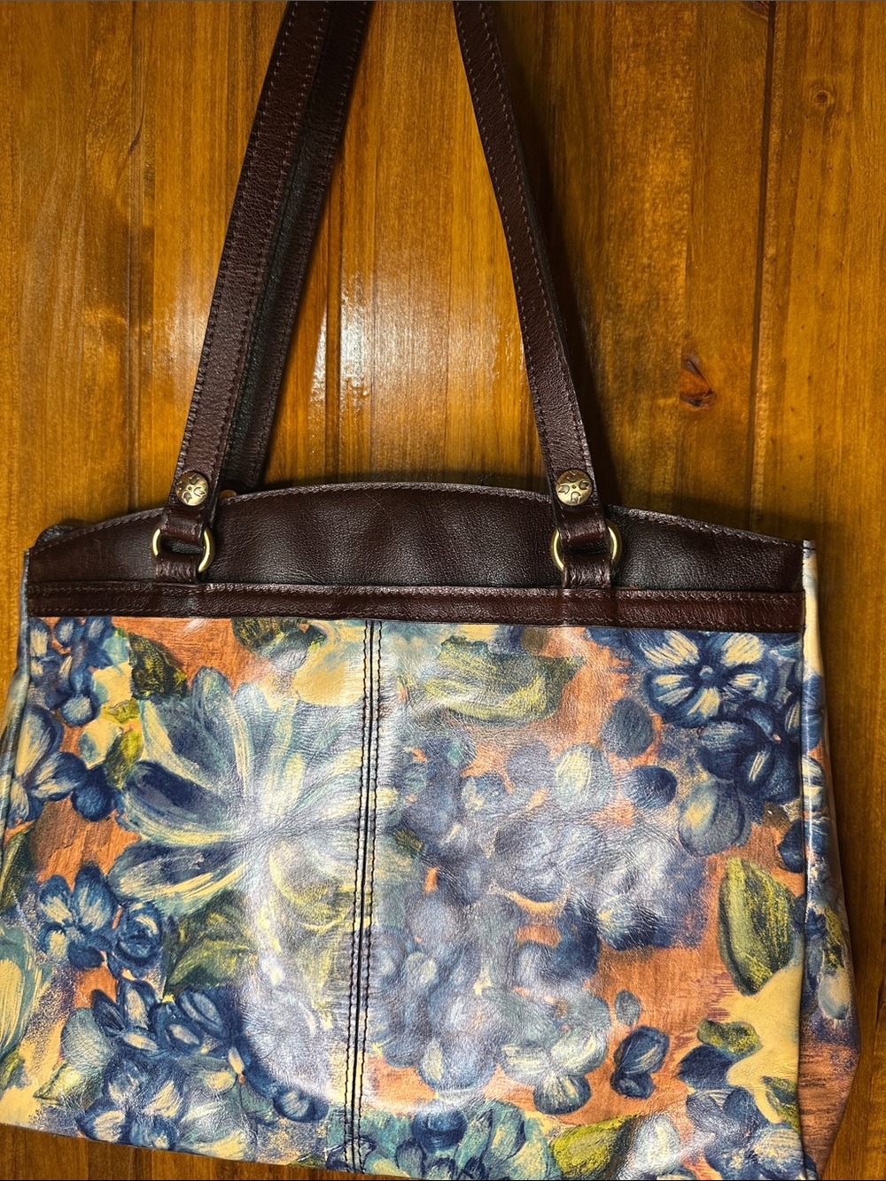Patricia Nash Blue Floral Shoulder Tote with Brown Trim - Picture 4 of 9